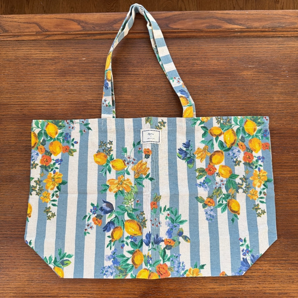 new Sézane x Momonì blue stripes lemon flowers cotton tote bag limited edition
